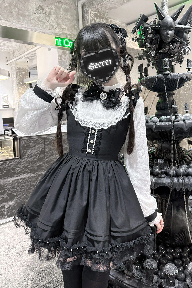 ブラック／ホワイト [Thorn Doll] 長袖 フリル リボン パール-Decorated ゴシック 地雷系 ワンピース 商品画像