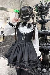 Black/White [Thorn Doll] Long Sleeves Ruffled Bow Pearl-Decorated Gothic Jirai Kei Dress - Product - 5