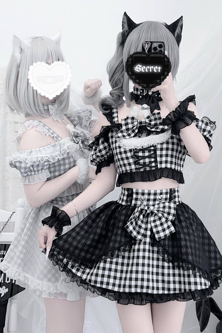 [Night Rabbit Dream] Short Sleeves Plaid Printed Ruffled Open-Front Bow Lace-Up Sweet Jirai Kei Japanese Skirt Set - Product - 11