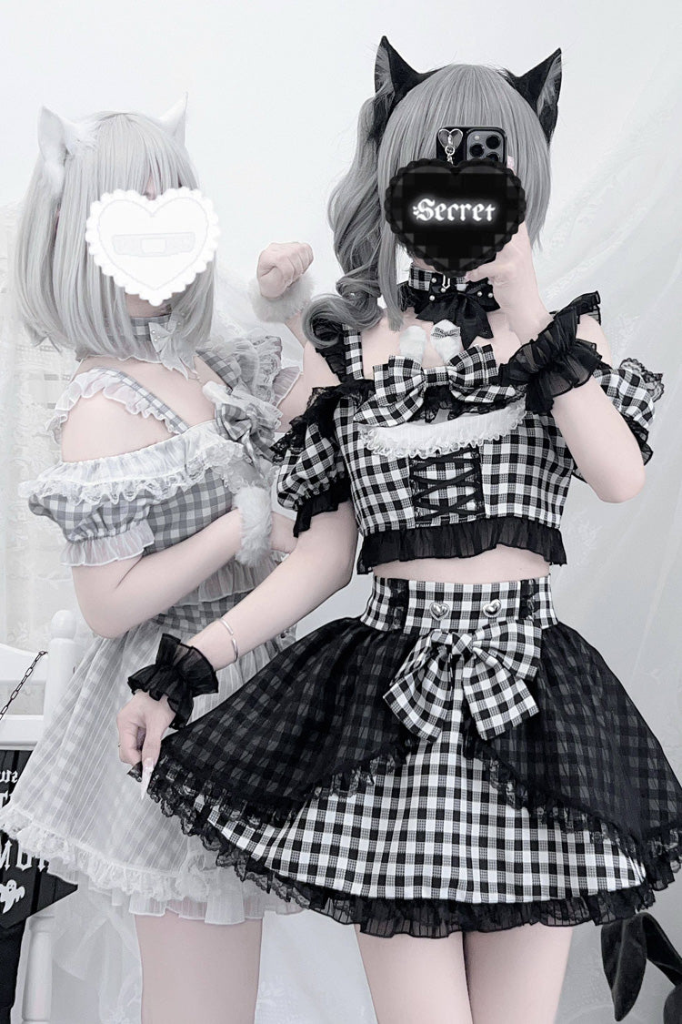 [Night Rabbit Dream] Short Sleeves Plaid Printed Ruffled Open-Front Bow Lace-Up Sweet Jirai Kei Japanese Skirt Set - Product - 11