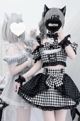 [Night Rabbit Dream] Short Sleeves Plaid Printed Ruffled Open-Front Bow Lace-Up Sweet Jirai Kei Japanese Skirt Set - Product - 11