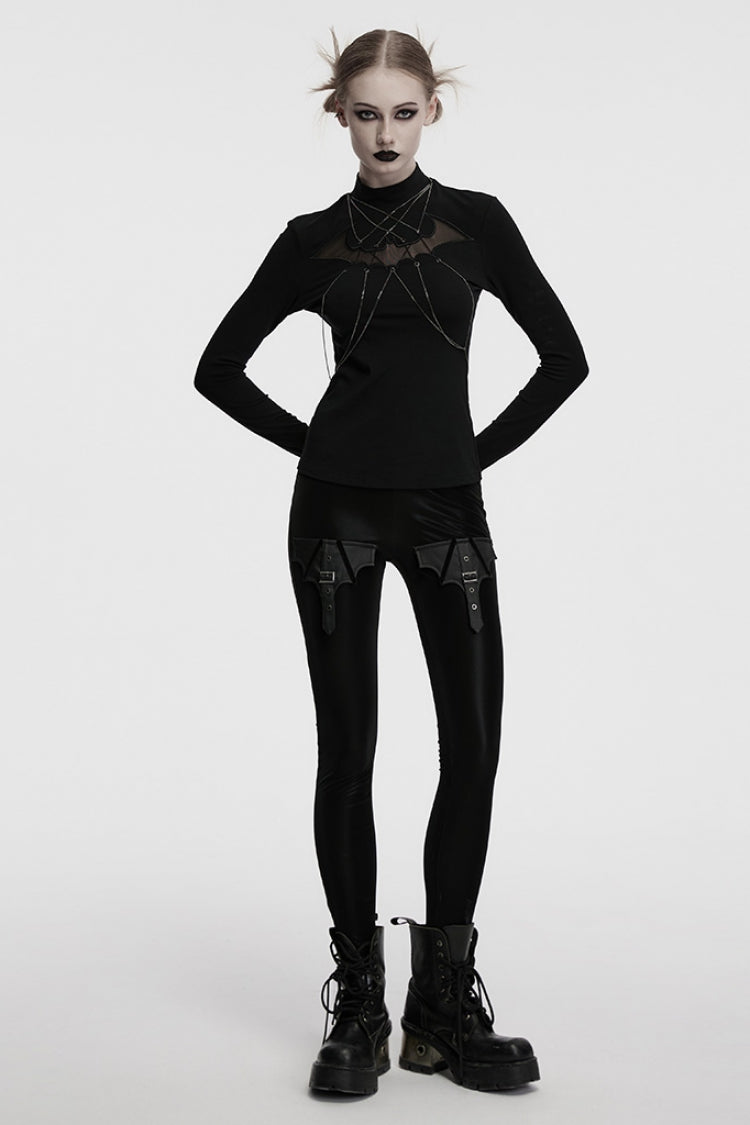 Black Stand Collar Long Sleeves Bat Stitching Mesh Chain Women's Gothic Blouse - Product - 4