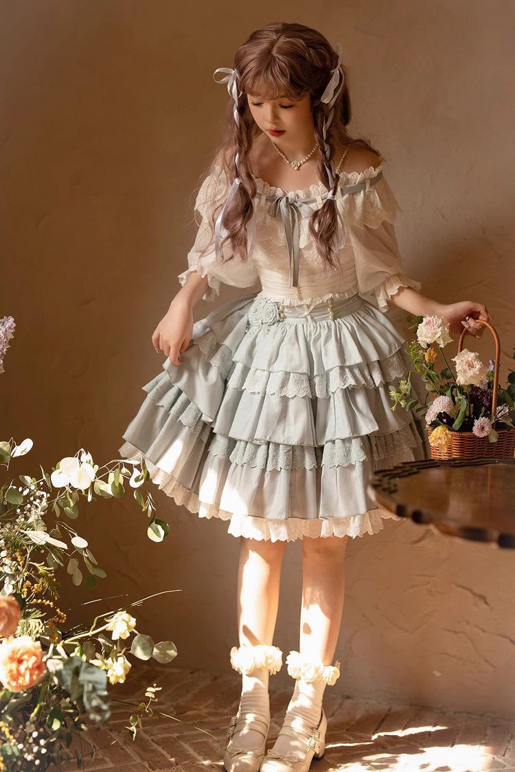 White/Blue Flower Language Multi-layer Ruffle Sweet Lolita Skirt Set - Product - 6