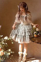 White/Blue Flower Language Multi-layer Ruffle Sweet Lolita Skirt Set - Product - 6