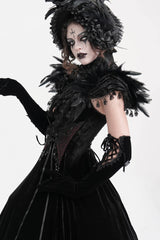 Black Stand Collar Lace Pleated Women's Gothic Tassels Feather Lace Cape - Product - 12