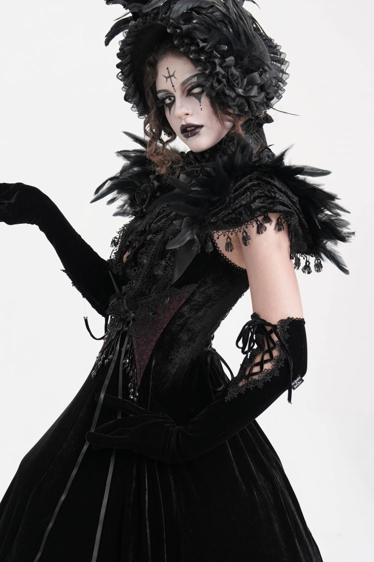 Black Stand Collar Lace Pleated Women's Gothic Tassels Feather Lace Cape - Product - 12