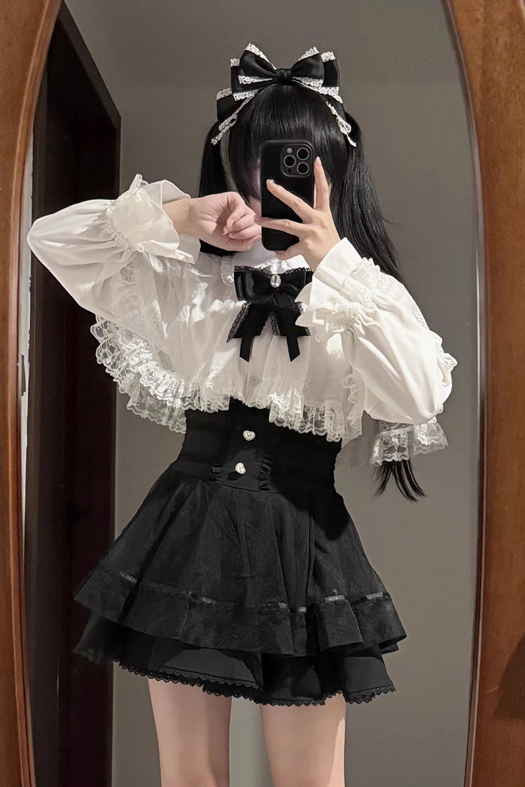 [Law of Disorder] Lapel Collar Long Sleeves Bow Lace Sweet Jirai Kei Skirt and Top 3 Colors - Product - 8