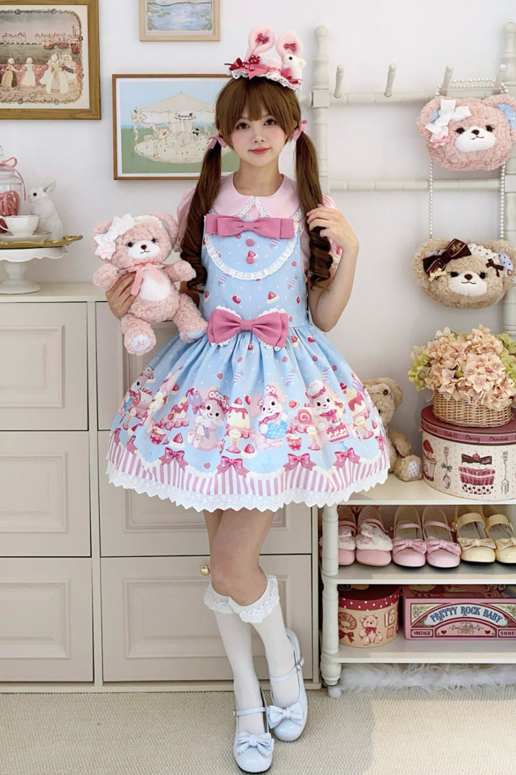Blue/Pink [Cupid Bunny] Printed Sleeveless Bow Sweet Princess Lolita Strap Dress - Product - 4