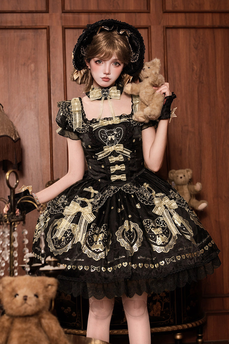Black/Gold [Sugar Bear] Jacquard Ruffled Bow Lace Sweet Classic Lolita Dress 2 Versions - Product - 7