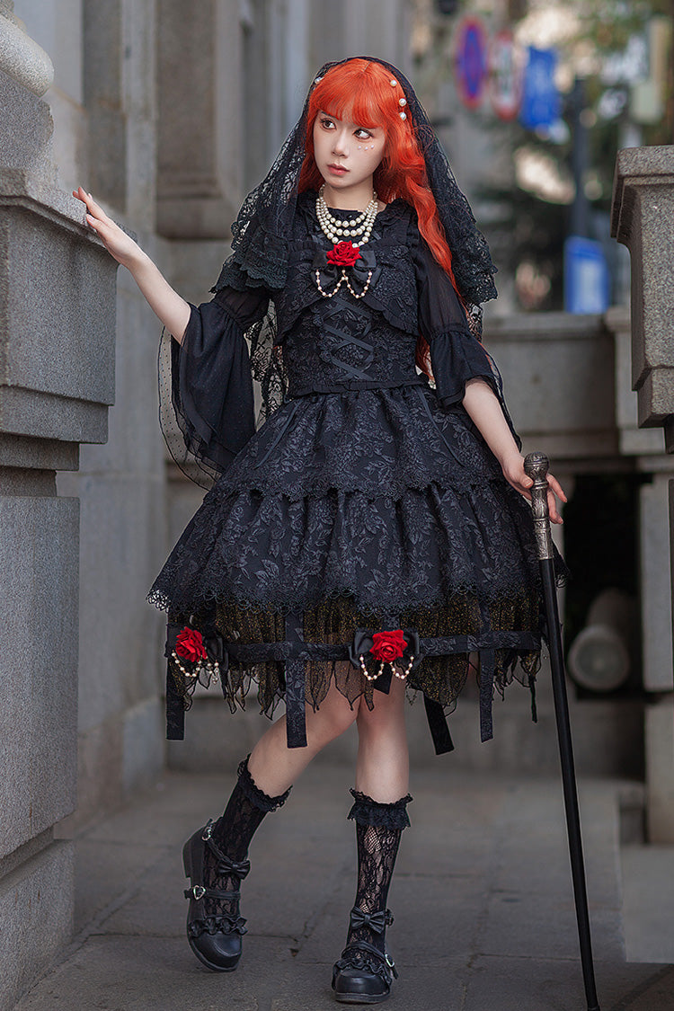 Black [Apprentice Witch] Double-Layered Ruffle Lace Gothic Lolita Skirt - Black - 1