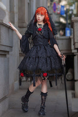 Black [Apprentice Witch] Double-Layered Ruffle Lace Gothic Lolita Skirt - Black - 1