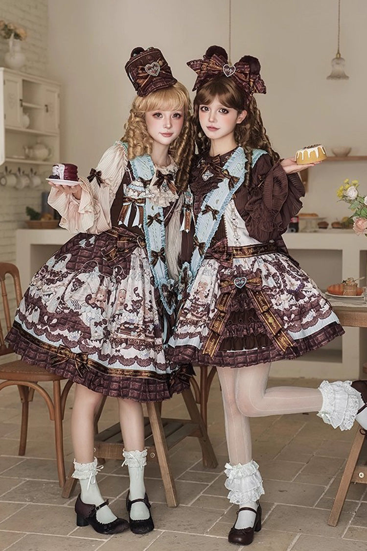Brown [Teddy Bear Chocolate] Sleeveless Print Ruffle Side Cardigan Bowknot Asymmetric Sweet Lolita Strap Dress - Product - 2