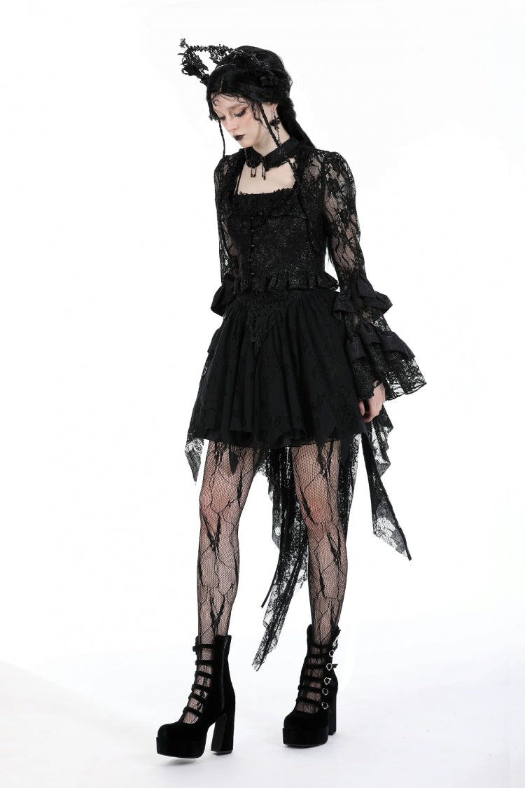 Black Multi-Layered Long Trumpet Sleeves Lace Lace-Up Women's Gothic Top - Product - 9