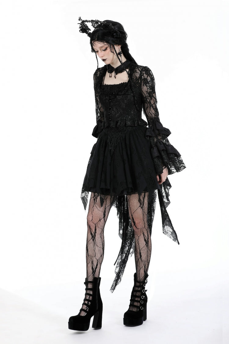 Black Multi-Layered Long Trumpet Sleeves Lace Lace-Up Women's Gothic Top - Product - 9