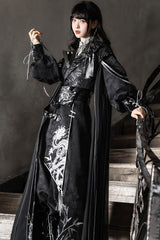 Black [Shadow Dragon Diving Into the Abyss] Long Sleeves Jacquard Embroidered Gothic Chinese Inspired Hanfu Ouji Lolita Set - Product - 11