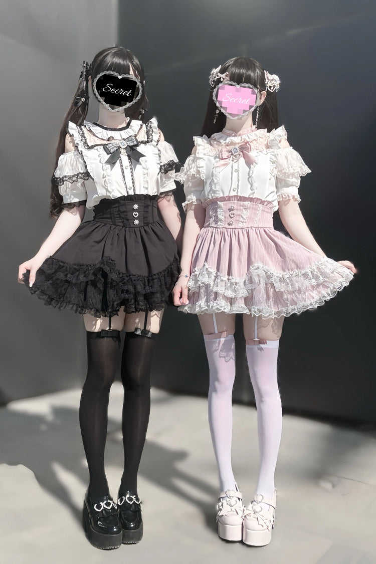 Jirai Kei Sweet Double-Layered Jacquard Ruffled Lace Japanese Skirt Set 2 Colors - Product - 3