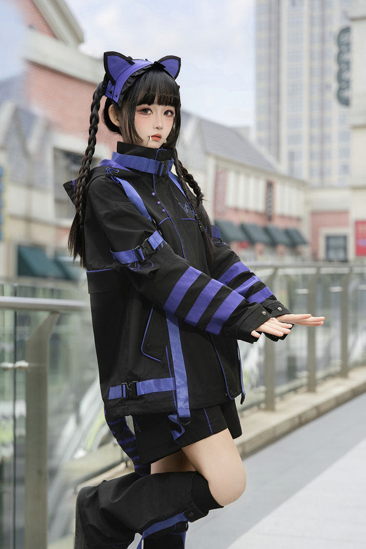 Blue/Black Long Sleeves Print Cat Ears Hooded Jirai Kei Handsome Coat - Product - 8