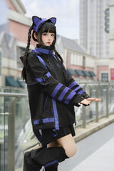 Blue/Black Long Sleeves Print Cat Ears Hooded Jirai Kei Handsome Coat - Product - 8