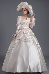 Champagne Half Sleeves Asymmetric Big Bowknot High Waisted Hollow Embroidery Print Victorian Lolita Prom Dress - Product - 3