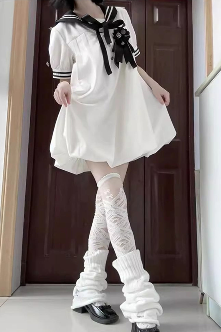 Black/White [Old Stories] Navy Collar Short Sleeves Bowknot Sweet Lolita Dress - Product - 4