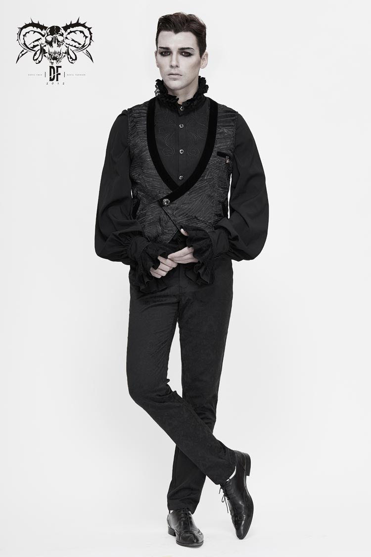 Black Velveteen Asymmetrical Pleated Splice Waist Loop Men's Gothic Waistcoat - Product - 5