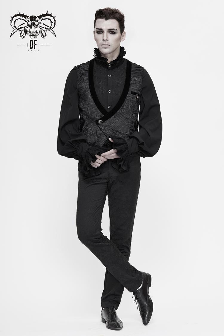 Black Velveteen Asymmetrical Pleated Splice Waist Loop Men's Gothic Waistcoat - Product - 5