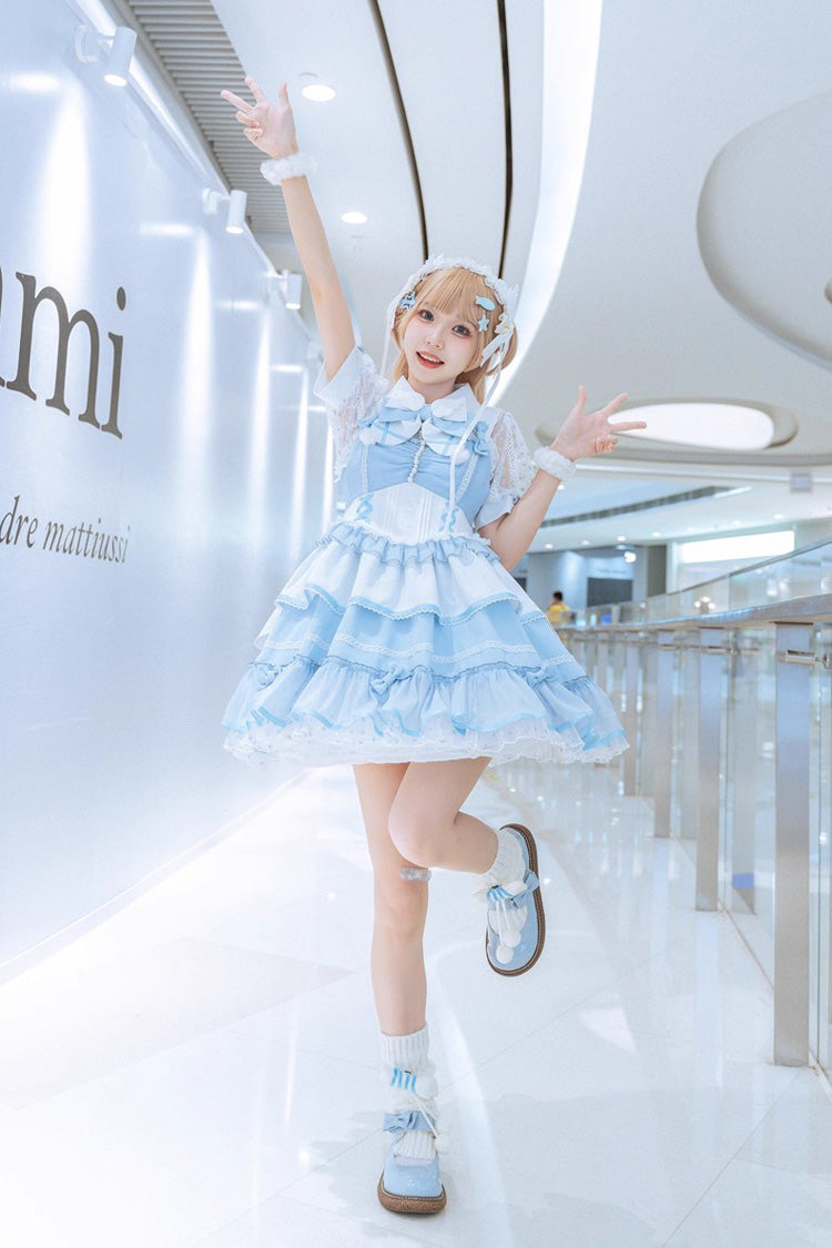 Blue/White [Cotton Cloud] Lapel Collar Ruffle Bowknot Lace-Up Sweet Lolita Jsk Dress - Product - 3