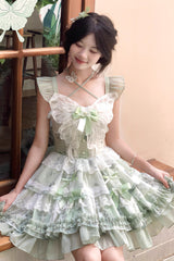 Green [Promise of the Blooming Season] Print Ruffle Bowknot Lace Sweet Princess Lolita Jsk Dress - Product - 2