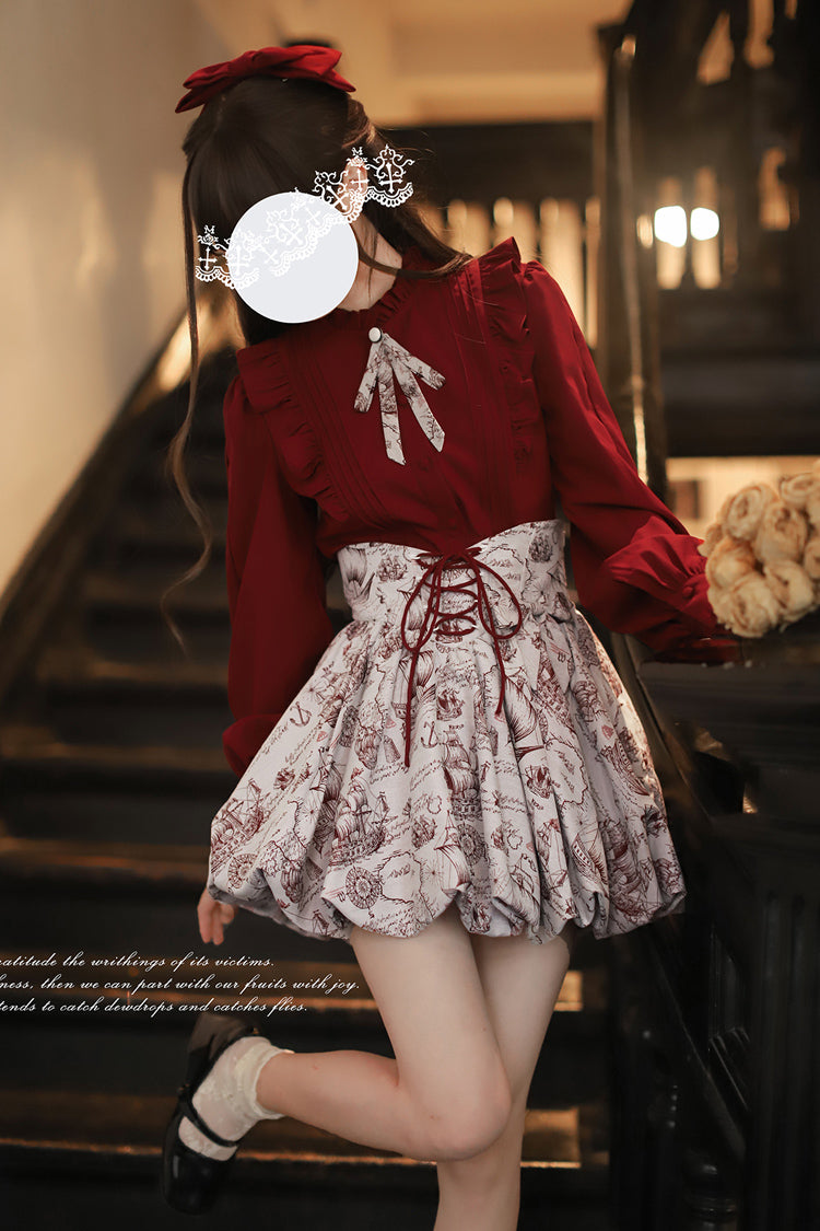 Grey [Elise] Print Ruffle Lace-Up Sweet Lolita Skirt - Product - 2