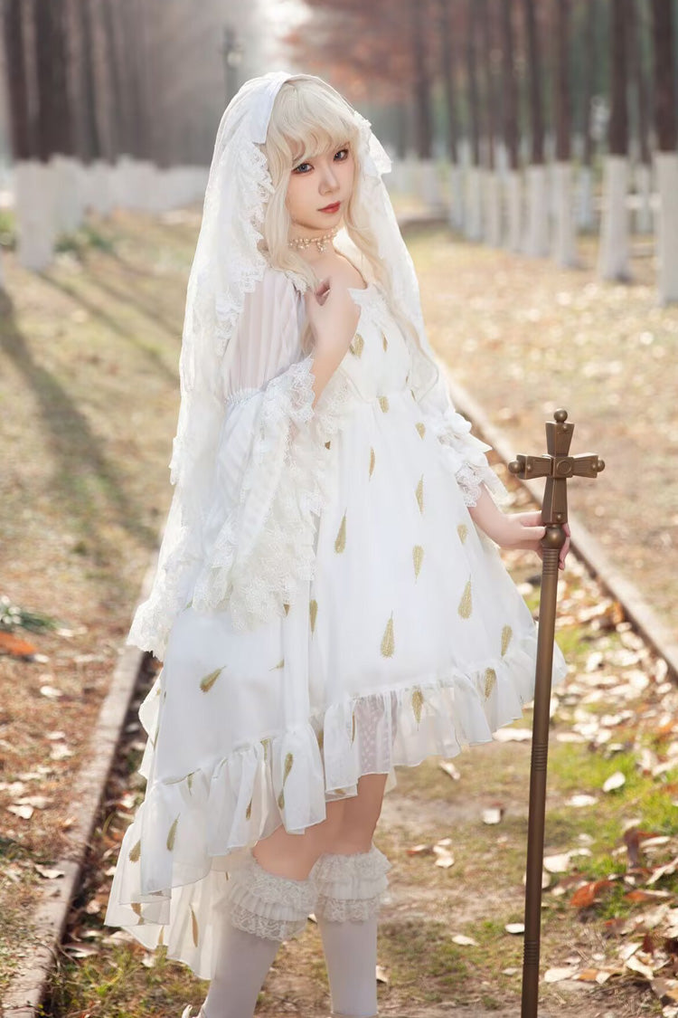 [Feather Snowflake Embroidery] Print Sleeveless Ruffle Bowknot Sweet Lolita Jsk Dress 3 Colors - Product - 3