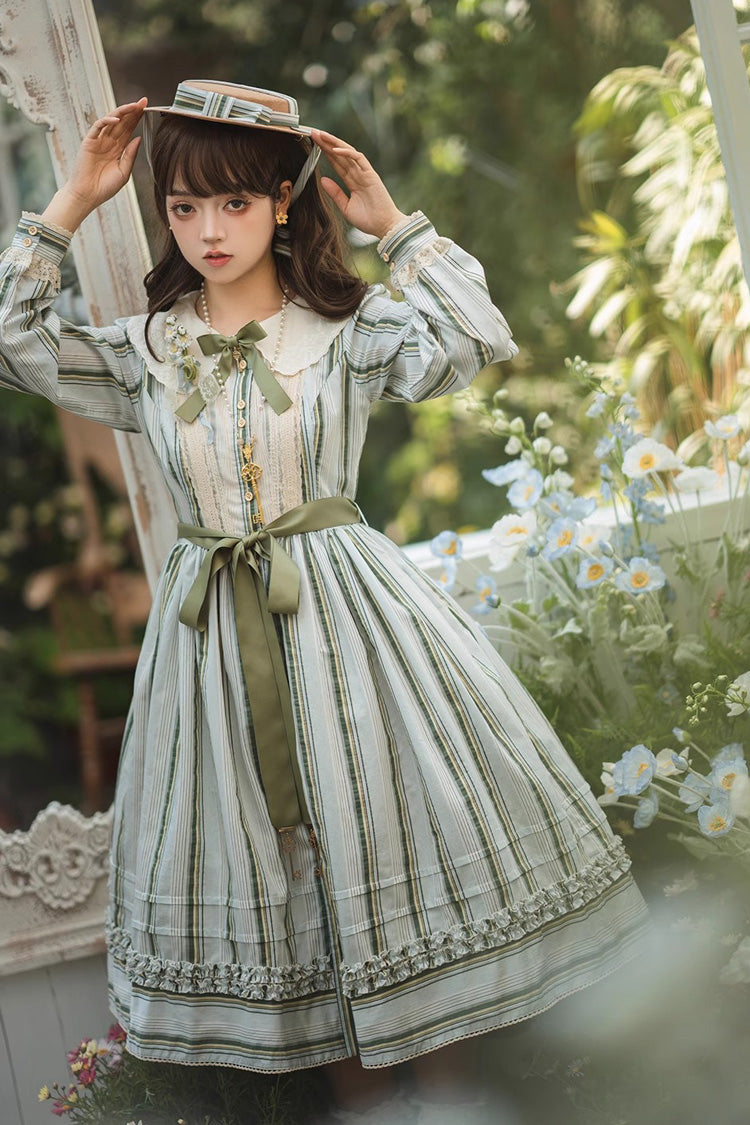 Forest Atlas Striped Print Long Sleeves Bowknot Sweet Lolita Dress 3 Colors - Green - 4