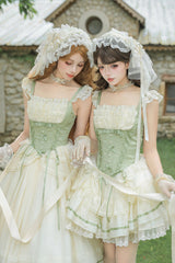 Green Square Collar Sleeveless Multi-Layered Ruffled Bow Lace Fishbone Sweet Lolita Jsk Dress 2 Versions - Product - 13