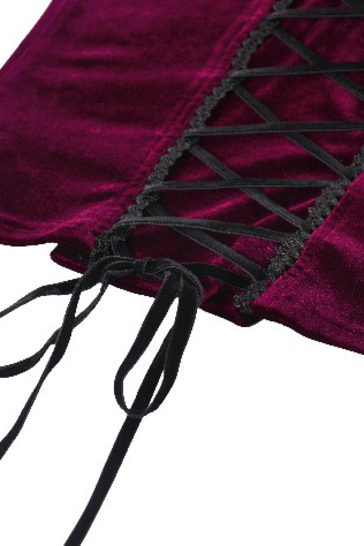 Burgundy Ribbon Bow Lace-Up Women's Gothic Velet Cami Corset Top - Product - 14