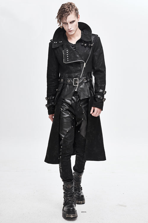 Black Open Collar Printed Belted Long Mens Punk Coat - Product - 2