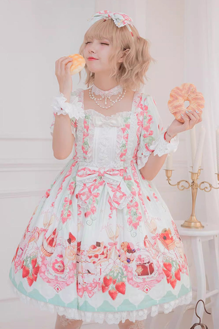 [Strawberry Feast] Short Sleeves Printed Ruffled Bow Sweet Lolita Dress 4 Colors - Green - 1