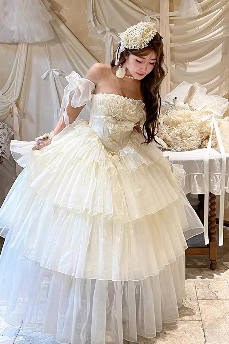 Off White [Mousse Love Song] Sleeveless Multi-Layered Ruffled Hanayome Bow Sweet Lolita Dress - Product - 4
