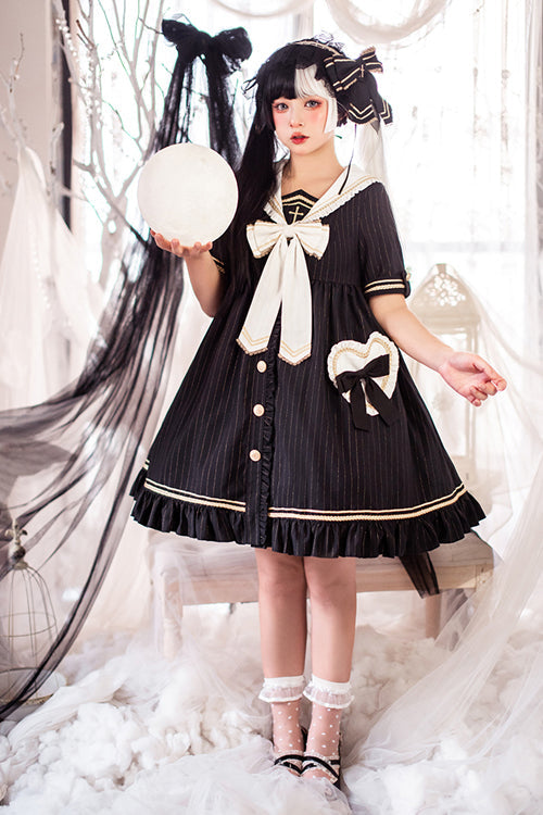 Chest Cross Striped Short Sleeve Gothic Lolita Dress - Black - 6