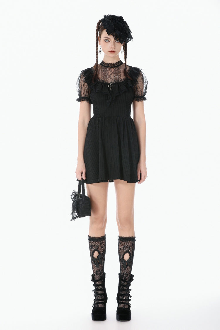 Black Lace Short Sleeves Cross Ruffled Women's Gothic Graduation Dress - Product - 7