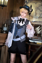 White/Grey/Blue [Age of Machines] Bow Asymmetric Punk Prince Ouji Lolita Shorts Vest Cloak Set - Product - 3