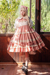 Kindergarten Class Theme Short Sleeves Jacquard Ruffle Bowknot Sweet Lolita Dress 3 Colors - Pink - 1