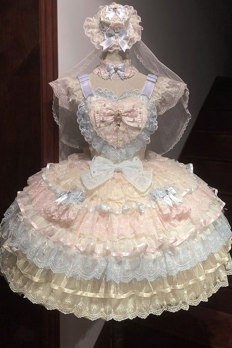 Rainbow Colors [Ballad of Feathers] Sleeveless Multi-Layered Ruffle Hanayome Bowknot Sweet Lolita Jsk Dress - Product - 3