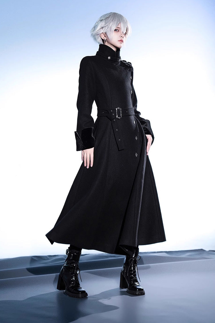 Black Stand Collar Long Sleeves Buckle Ouji Gothic Prince Handsome Lolita Coat - Product - 8