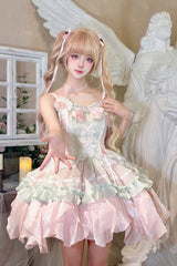 Pink/Green Summer Garden Ruffle Embroidery Bowknot Lace Sweet Lolita Jsk Short Dress - Product - 9