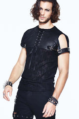 Black Leather Loop Sleeve Irregular Jacquard Knitted Chest Lace Up Removable Men's Punk Shirt - Product - 3