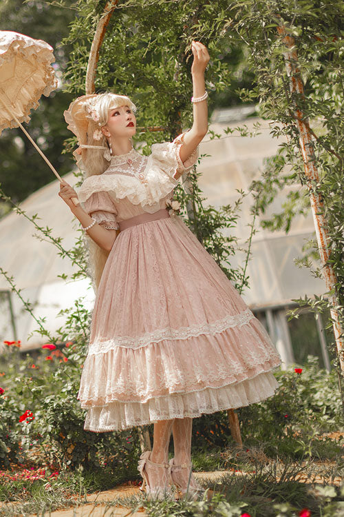 Elegant Vintage Rose Print Multi-Layer Ruffled Sweet Lolita OP Dress - Product - 11