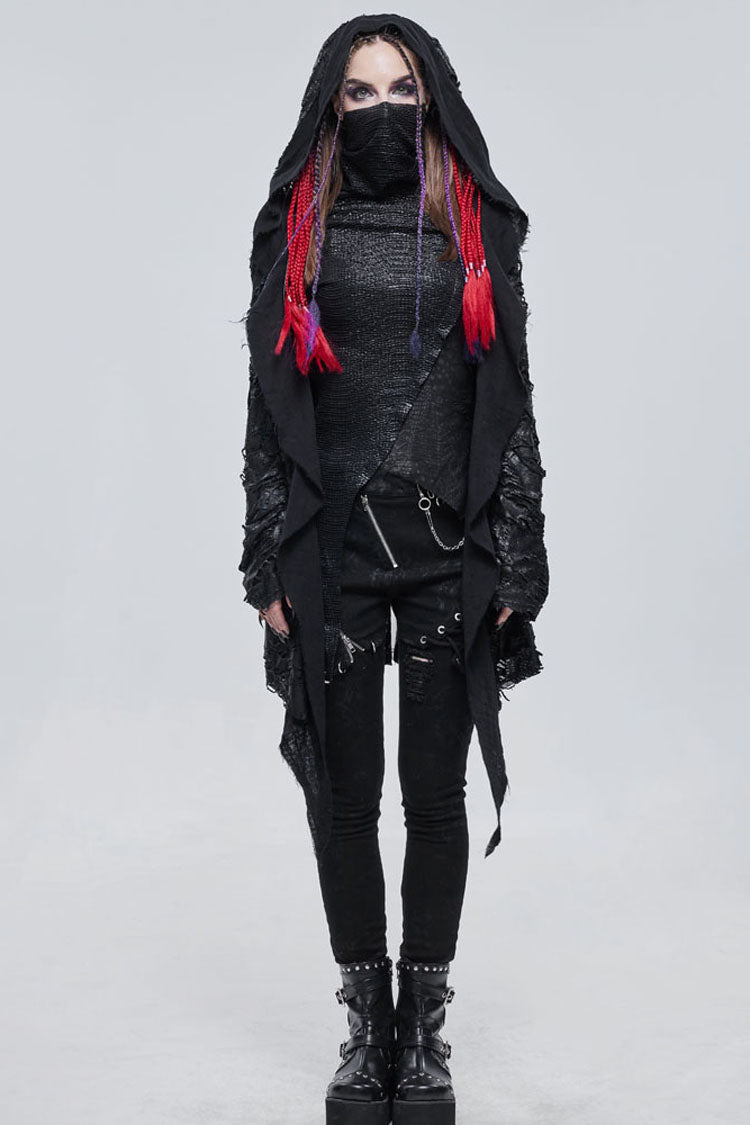 Black Punk Diablo Hole Design Cross Shape Stitching Transparent Mesh Metal Decoration Knitted Women's Coat - Product - 5