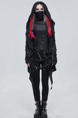 Black Punk Diablo Hole Design Cross Shape Stitching Transparent Mesh Metal Decoration Knitted Women's Coat - Product - 5