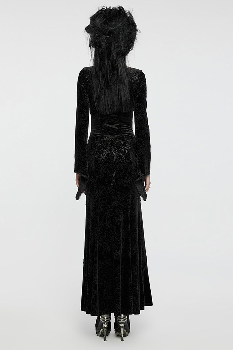 Black V Collar Long Sleeves Hollow Embroidery Lace-Up Women's Gothic Dress - Product - 3