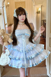 Blue [Princess Ribbon] Off Shoulder Triple-Layered Ruffle Bowknot Sweet Lolita Dress - Blue - 1