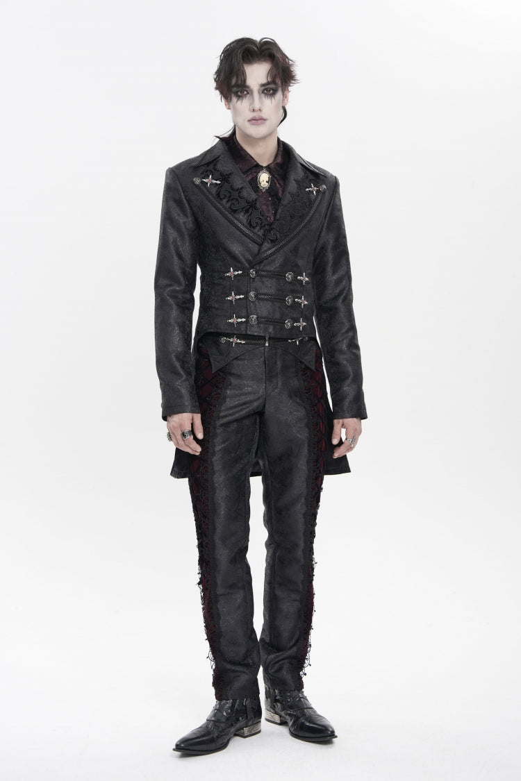 Black Lapel Collar Long Sleeves Lace-Up Slim Men's Gothic Handsome Double-Breasted Jacket - Product - 5